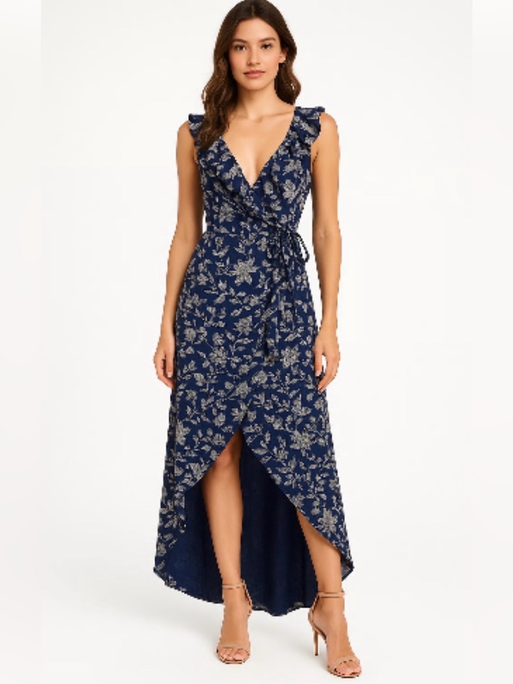 BB Dakota RSVP Navy Floral Ruffle Strap High Low Wrap Maxi Dress Size 10